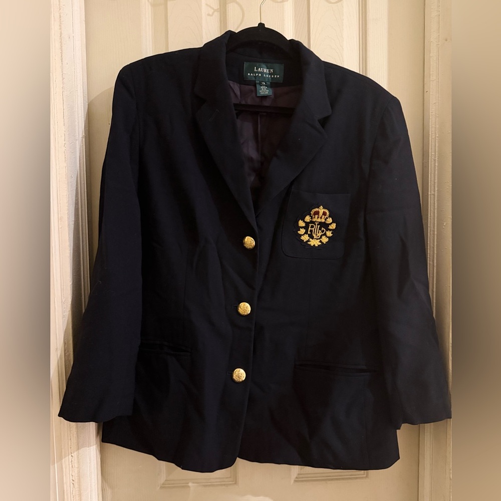Ralph Lauren Navy Blazer with Dark purple inlay Gold Buttons 1990s Size 12
